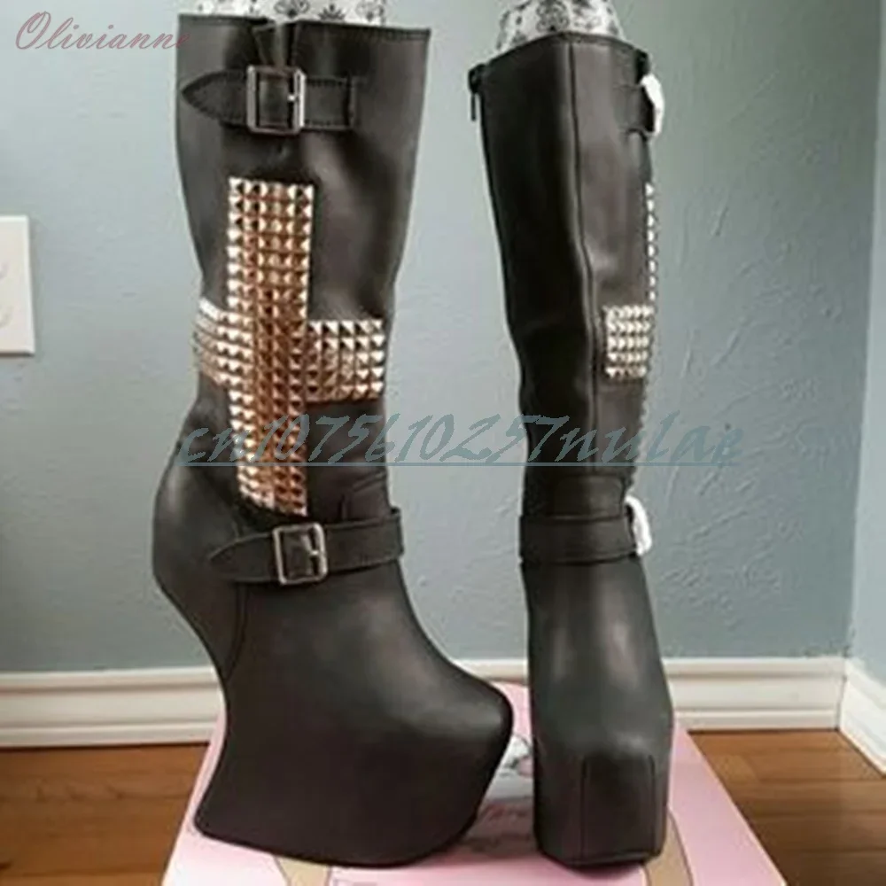 

Many Rivets Decor Sexy Strange Style High Heel Mid Calf Boots Leather Fashion Stage Performance Women Shoes 2025 New Para Mujere