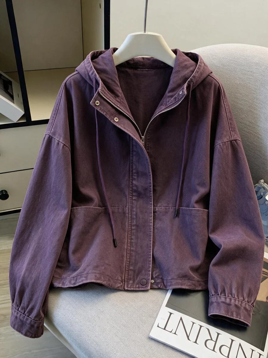 Retro Washed Loose Women's Jacket with Hood Spring New Arrival Cotton Zipper Decorated Commute Style Warm Short Outerwear