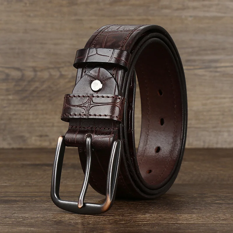 

Belt, men's leather belt, men's fashionable retro versatile alloy needle buckle layer, cowhide crocodile pattern belt