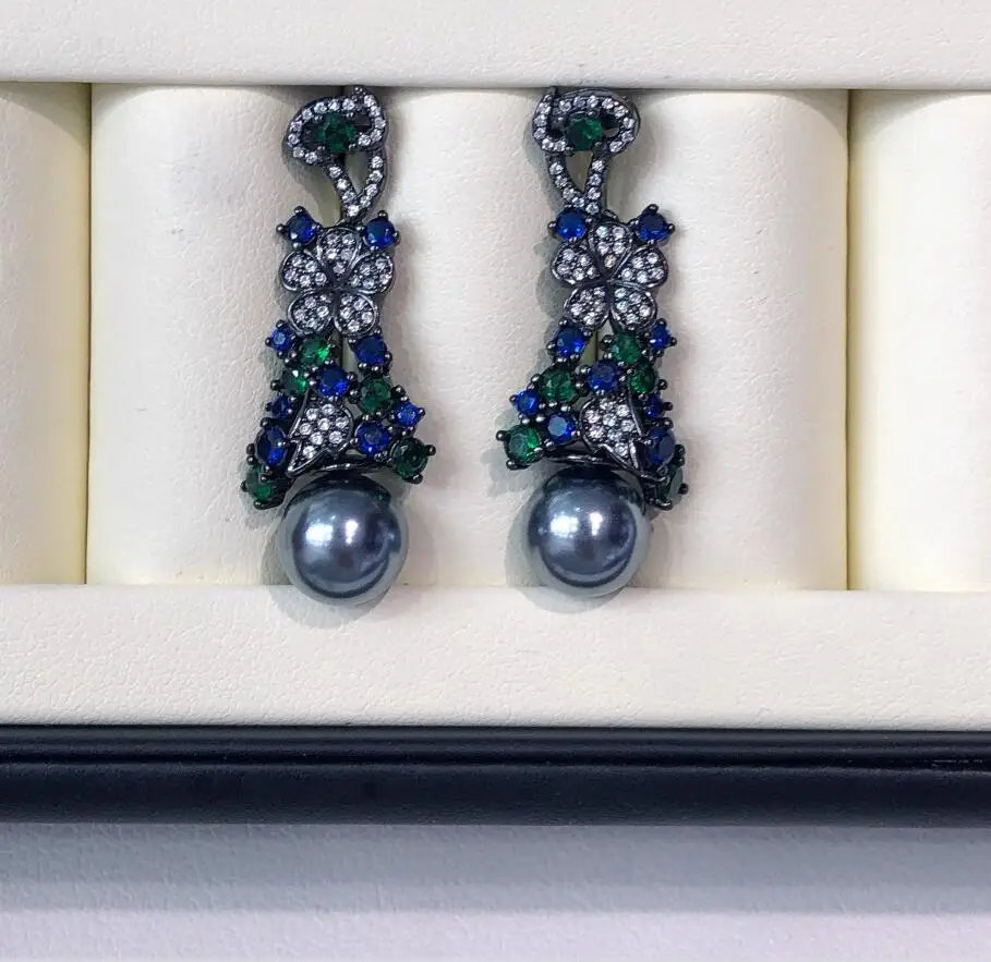 

Потрясающая пара натуральных серег с жемчугом Южных морей диаметром 10–11 мм, белые, черные, зеленые, круглые серьги 925-х годов