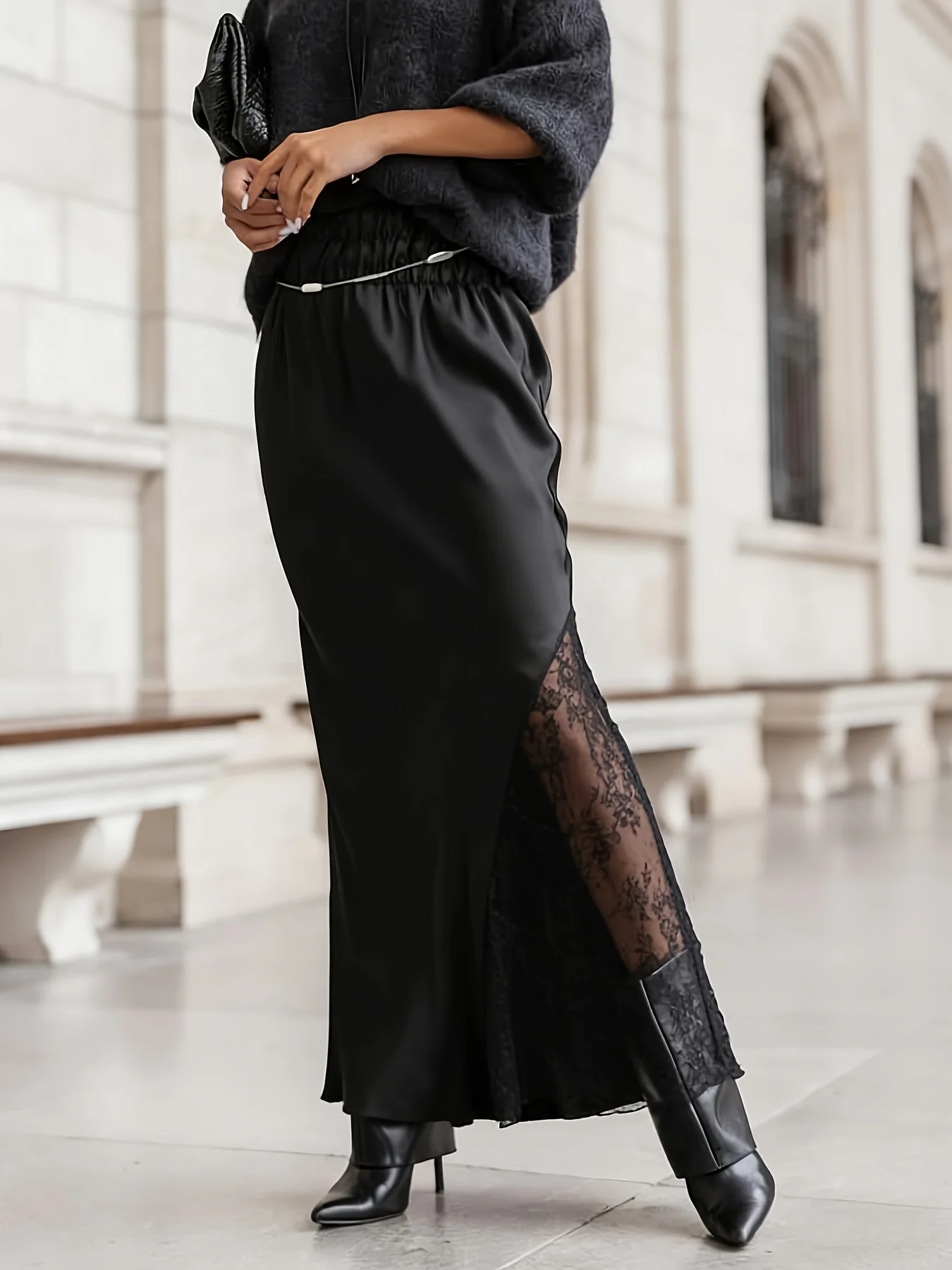 Elegant Black Satin Long Skirt Ladies Elastic Waist Lace Inner Side Split Maxi Skirt Streetwear Party Formal Half Skirt