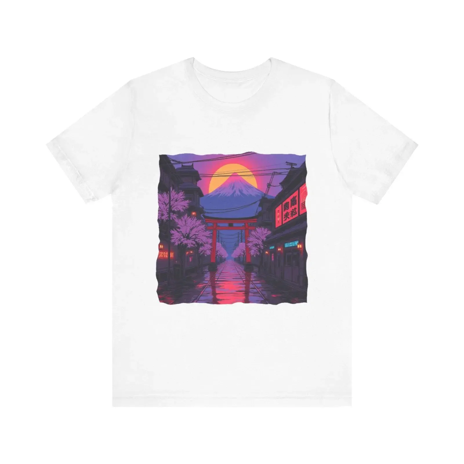 Neon Kyoto Sunset Scene T Shirt Torii Gate Cherry Blossoms Mount Fuji vintage Washed streetwear Top For Everyday Wear Versatile