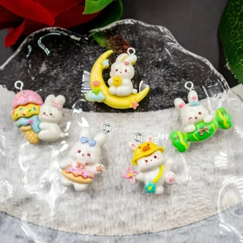 10Pcs Cute Cartoon Resin Pendants Glossy Little White Rabbit Charms DIY Handcraft Accessories for Earring Bracelet Keyring