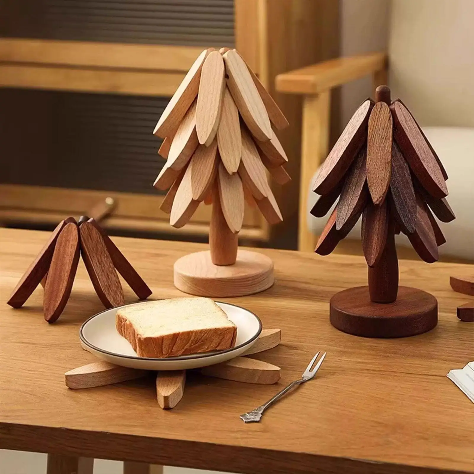 Juego de Salvamanteles de Madera con Diseño de Árbol, Antideslizante y Aislante del Calor, para Utensilios de Cocina, Estufa, Sartenes, Tazones, Teteras y Platos Calientes en la Cocina y Comedor