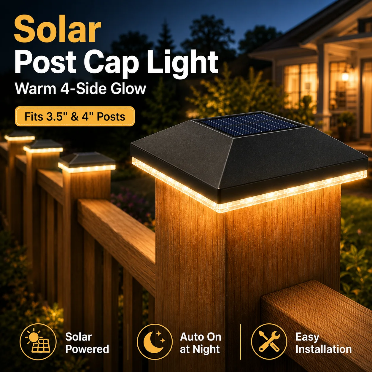 Lot de 2 lampes solaires à LED pour poteaux, 24 LED, éclairage sur 4 côtés, étanches, pour poteaux de terrasse, clôture, 3,5/4 pouces, patio, jardin