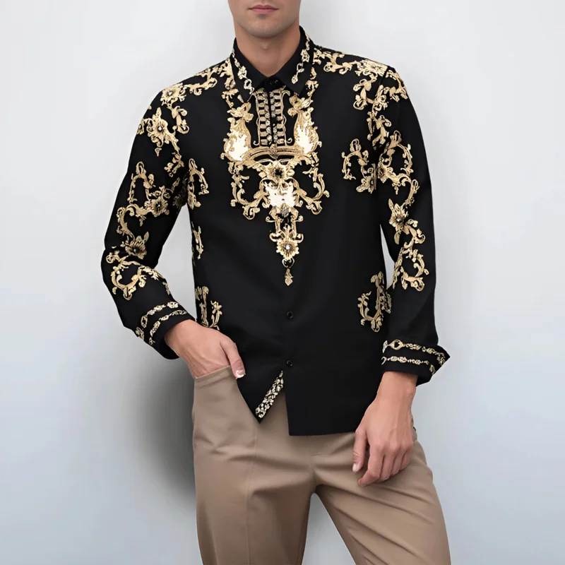 

Готовая к вечеринке мужская рубашка с блестящим принтом и стразами, облегающая, комфортная, не требующая глажки, без складок, модная рубашка для торжеств