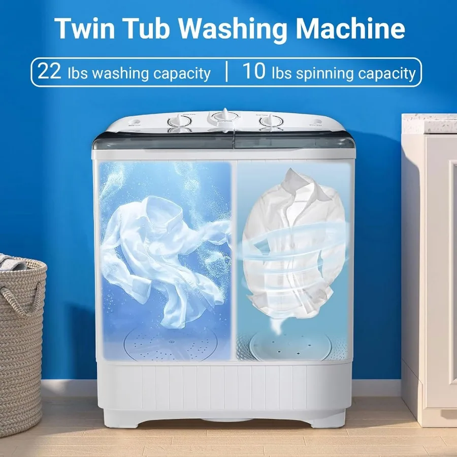 32 lbs Compact Mini Twin Tub Washing Machine with Drying Rack and 10 Hangers 20 lbs Washer Mini Compact Laundry Machine with 12