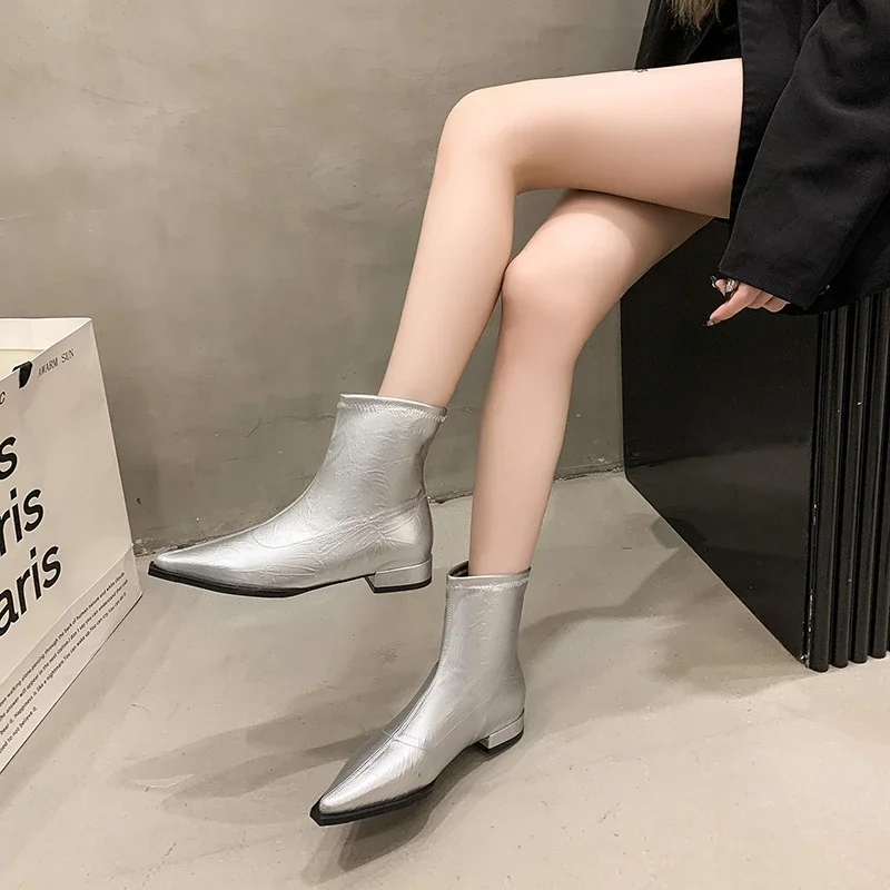 Women\'s fashion low heel single boots fall new pointy back zipper comfortable thick heel skinny boots botas femininas frete