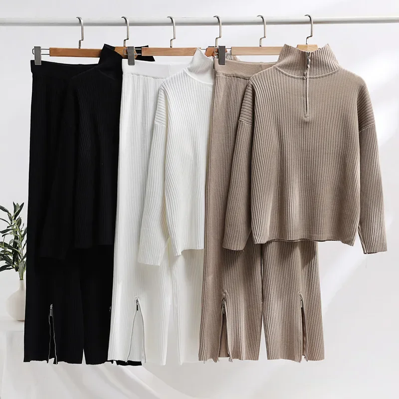 

Winter Women Knitwear Zipper Turtleneck Casual Sweater Autumn Wear Lazy Two-piece Set High Waist Dipping Split Casual Pants