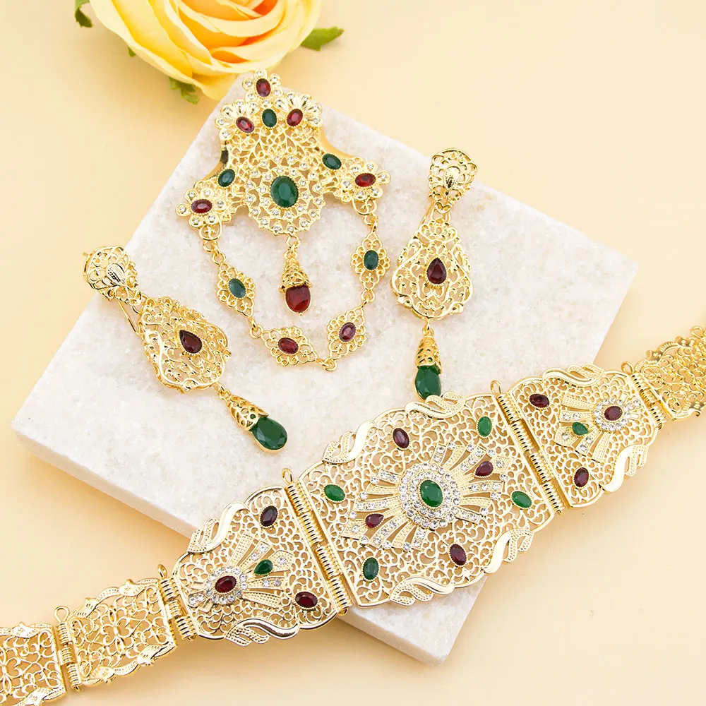 Moroccan Jewelry Sets Caftan Waist Belt Rope Tassels Chain Long Drop Earring Crystal Brooch Pins Arabic Bridal Bijoux image 5