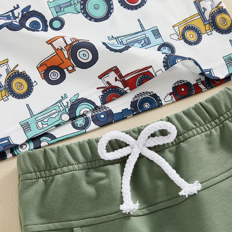 Toddler Baby Boy Farm Outfit Tractors Print Short Sleeve T-Shirt Tops and Drawstring Shorts Set 2Pcs Summer Clothes