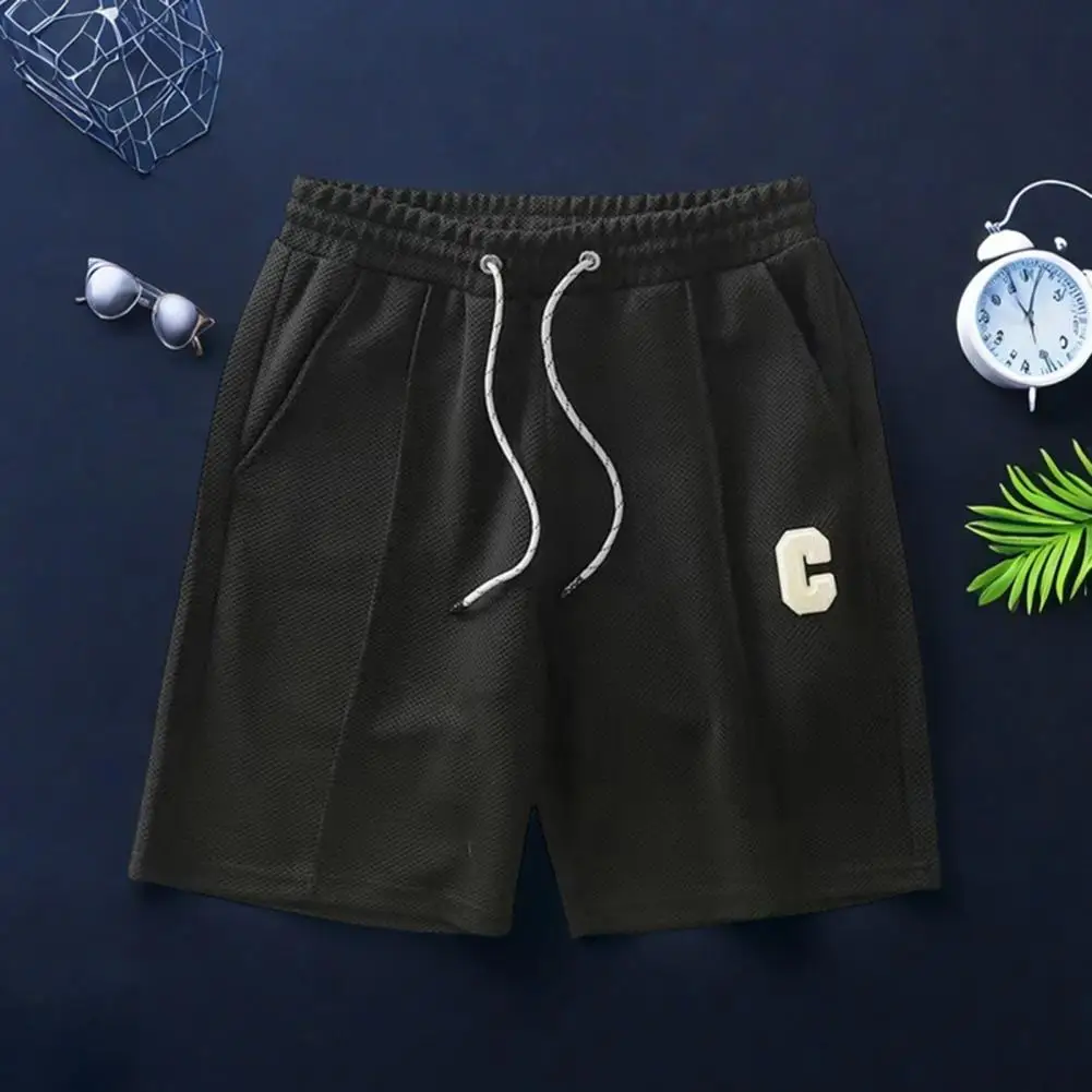 

Men Shorts Quick-drying Sport Shorts with Waist Drawstring for Men Loose Fit Knee-length Pants Solid Color Athletic Outdoor Wear