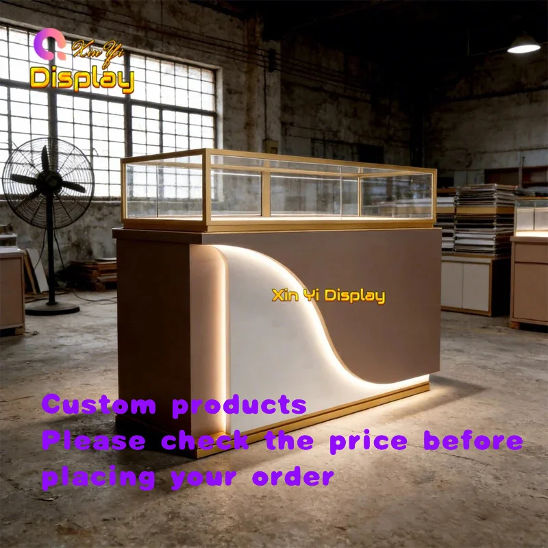 custom.Modern Two Tone Jewelry Showcase Counter Frame Illuminated S Curve Design Luxury Retail Boutique Showroom Displa