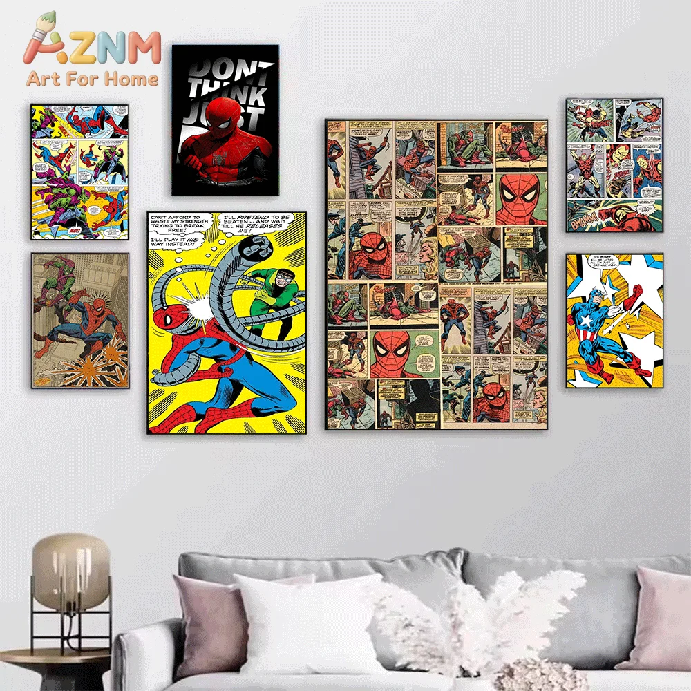 AZNM Spiderman Rainy Street Classic Comic Canvas Wall Print, Vintage Superhero Story Panel Art Poster, Unframed Canvas Paintin