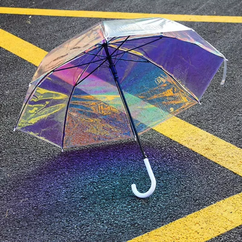 Farbwechselnder Regenschirm, transparent, winddicht, langer Griff, verstärkte halbautomatische Regenausrüstung, UV-Schutz für Damen und Mädchen