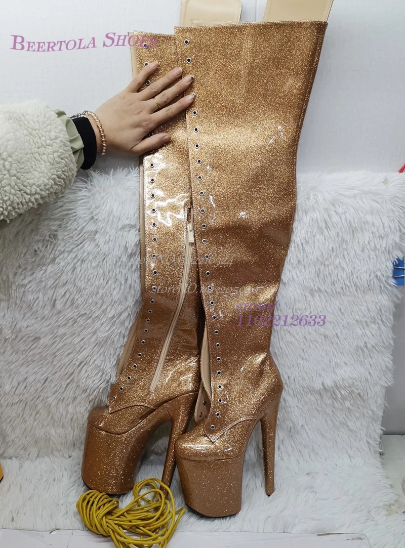 Dark Gold Gloss Sexy Platform Over Knee Boots Women 20 Cm Pole Dance Sexy Open Cover Custom Size 46 Summer Party Zipper Shoes