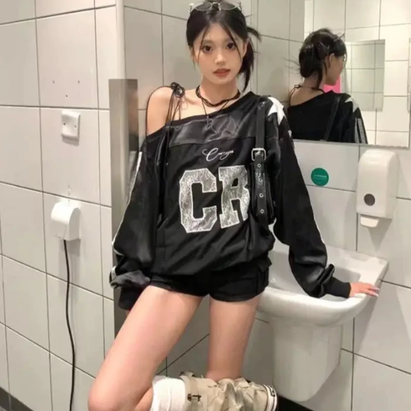 الخريف فضفاض مثير أعلى الأمريكية إلكتروني مطرزة الدانتيل الربط قطري الكتف قبالة الكتف طويلة الأكمام هوديي الشارع المرأة