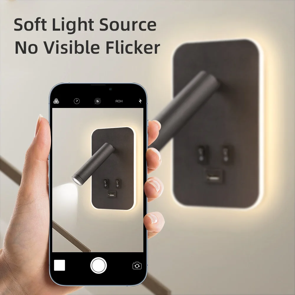 مصباح حائط للقراءة مع مصباح جداري بجانب السرير قابل للدوران USB 13 وات، مفتاح مزدوج، أضواء LED لغرفة النوم #5