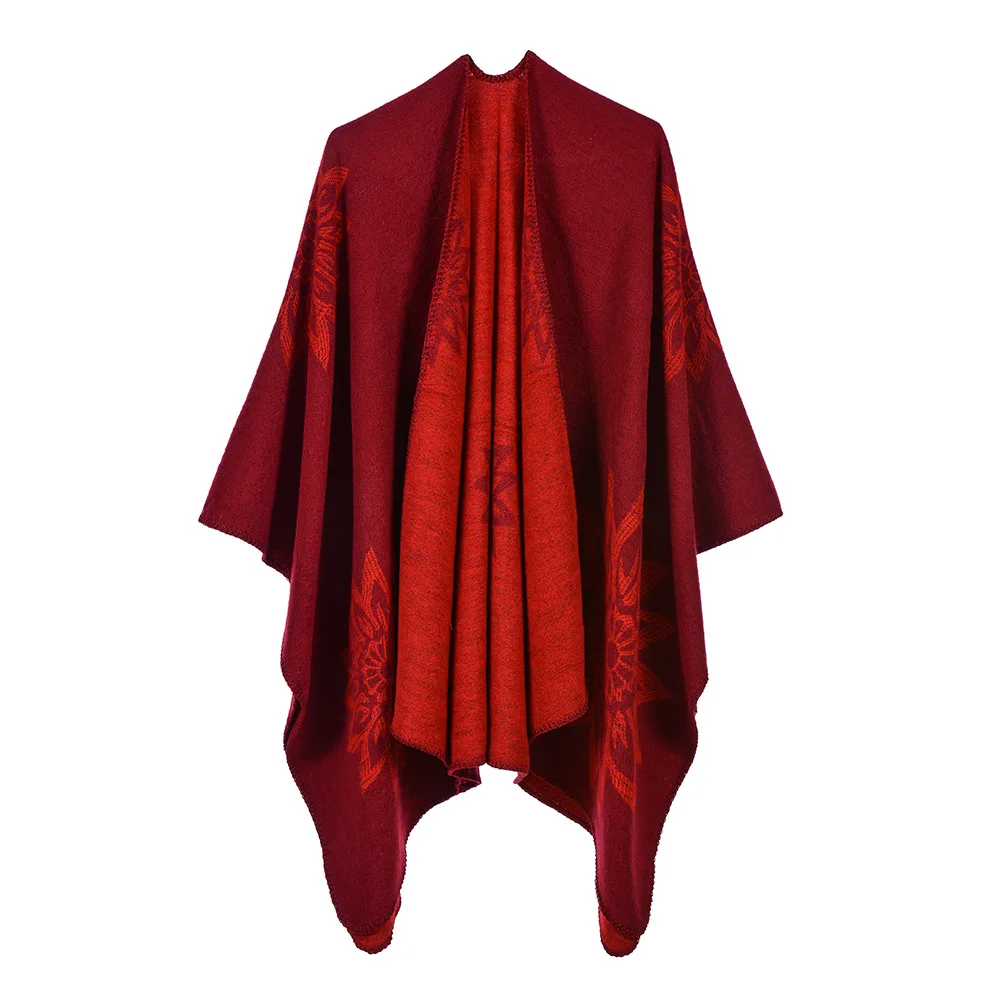 2024 Women's Autumn Winter Scarf Shawl Dual-purpose Travel Warm Double-sided Imitation Cashmere Flower Cape Cloak Red Ponchos