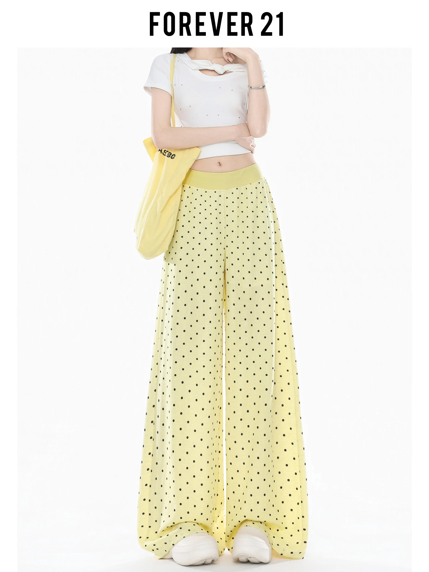 Pantalones Casuales de Pierna Ancha y Cintura Alta con Estampado de Lunares Amarillos de Forever 21, Pantalones de Moda para Mujer, Primavera-Verano, para Uso Casual