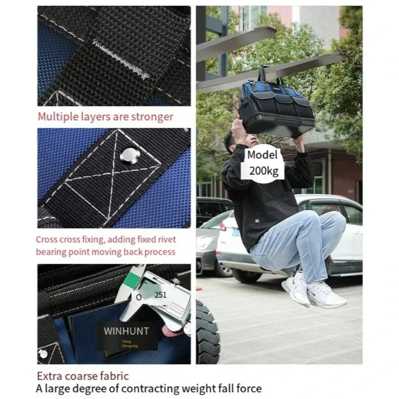 1680D Heavy Duty Tool Bag Organizer, Waterproof Hard Base Wide Mouth Tool Tote Bag with Multi Pockets for Electrician Mechanic