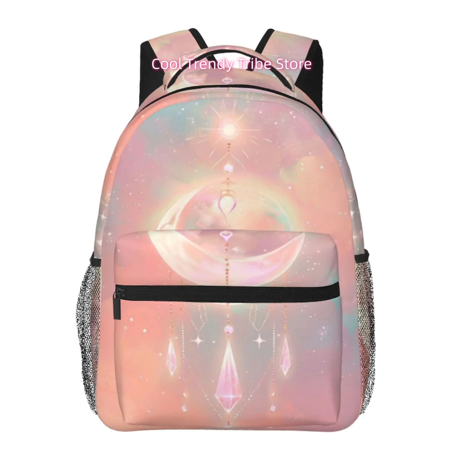 Pastel Celestial Moon and Crystal Print Backpack, Oxford Cloth Adjustable Strap Casual Daypack for Beach Yoga Travel