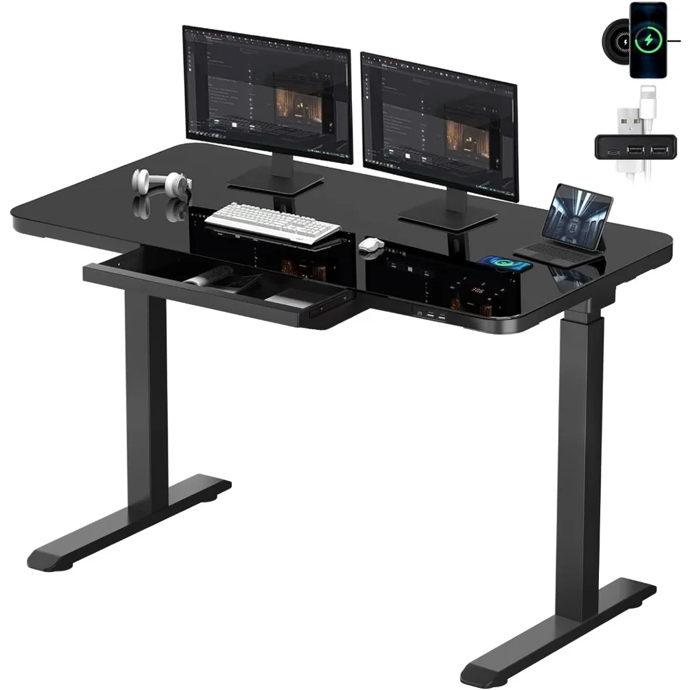 Electric Glass Standing Desk with Touch Control, Dual Motor Height Adjustable Desk with Drawer,Wireless Charging and 3 USB Ports