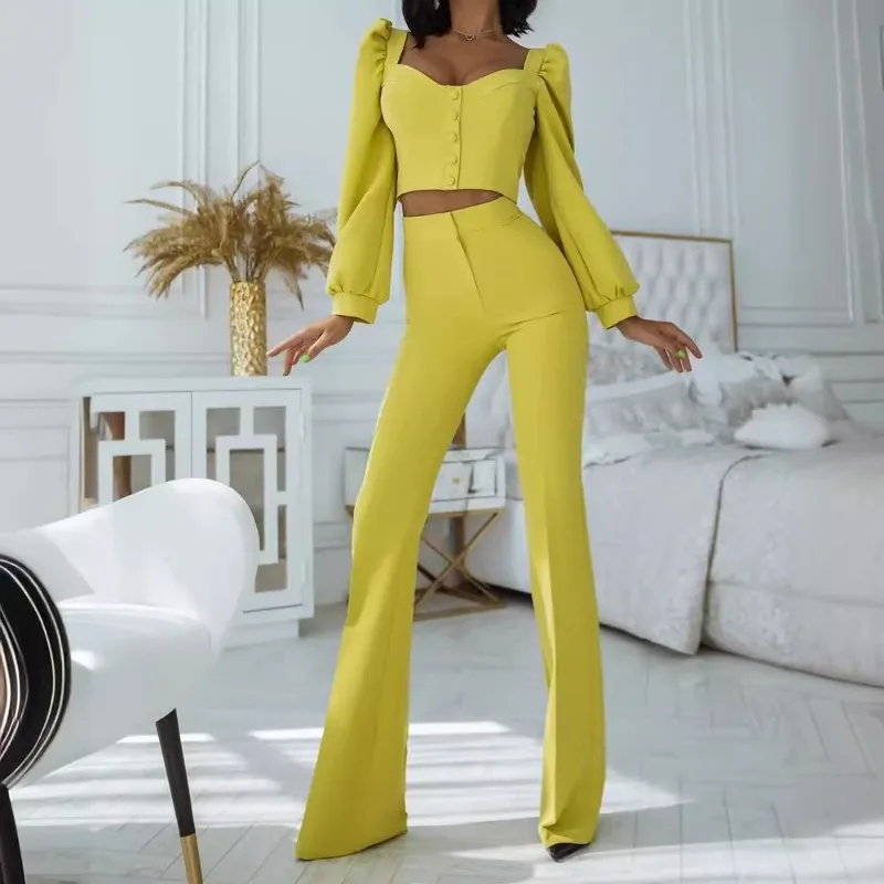 

Elegant Women Two Piece Set Y2K Chic Sexy Lantern Long Sleeve V Neck Crop Top High Waist Straight Pants Spring Casual Outfits