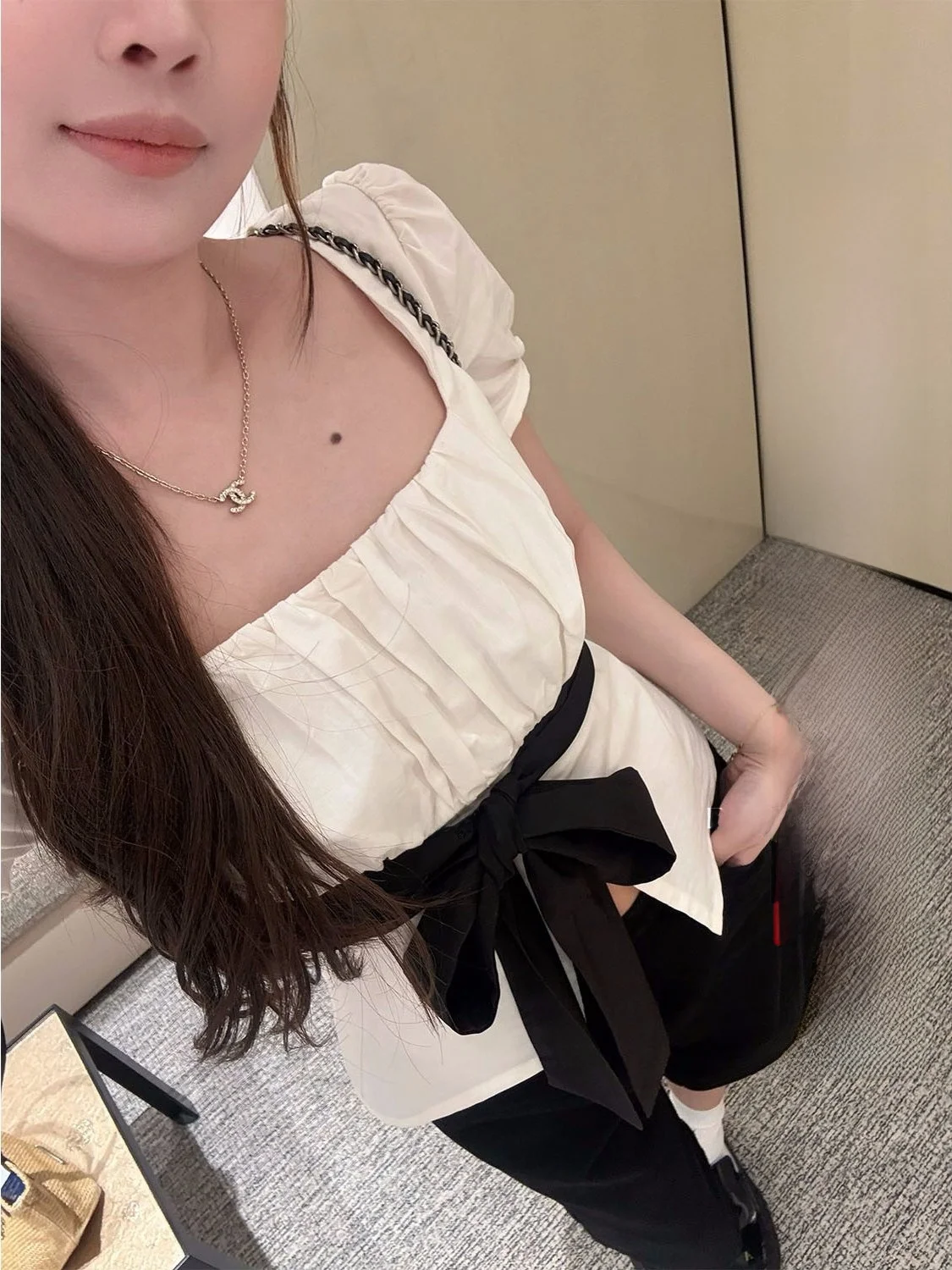 

ato Hero Bla White Contrast Color Knot Square Collar Bubble Sve Women's irt Aosphere Feeling Casual Sle