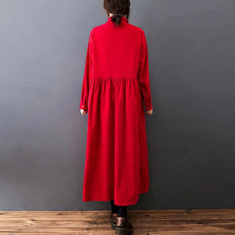 #6824 Autumn Winter Corduroy Dress Polo Neck Buttons A-line Dress Ankle-length Vintage Long Shirt Dress Loose Black Blue Red