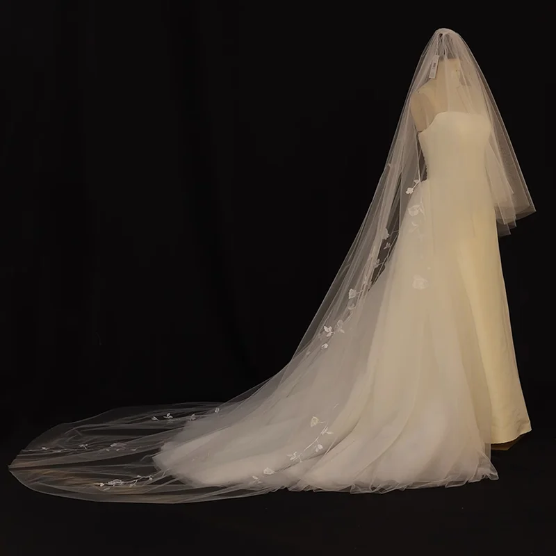 طرحة زفاف مع دانتيل زهور طول الكاتدرائية 2 طبقة حجاب الزفاف مع مشط زهرة الدانتيل الحجاب مخصص Véu De Noiva #2