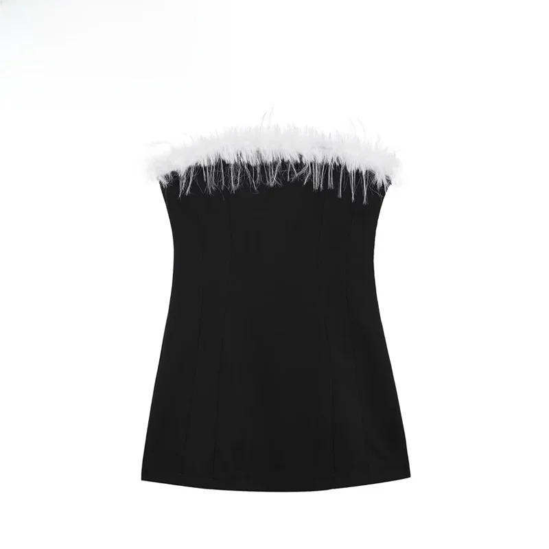 Elegant Fashionable Women's Elastic Dress with Feather Decoration Straight Cut Summer Season Polyester Fabric Single Piece