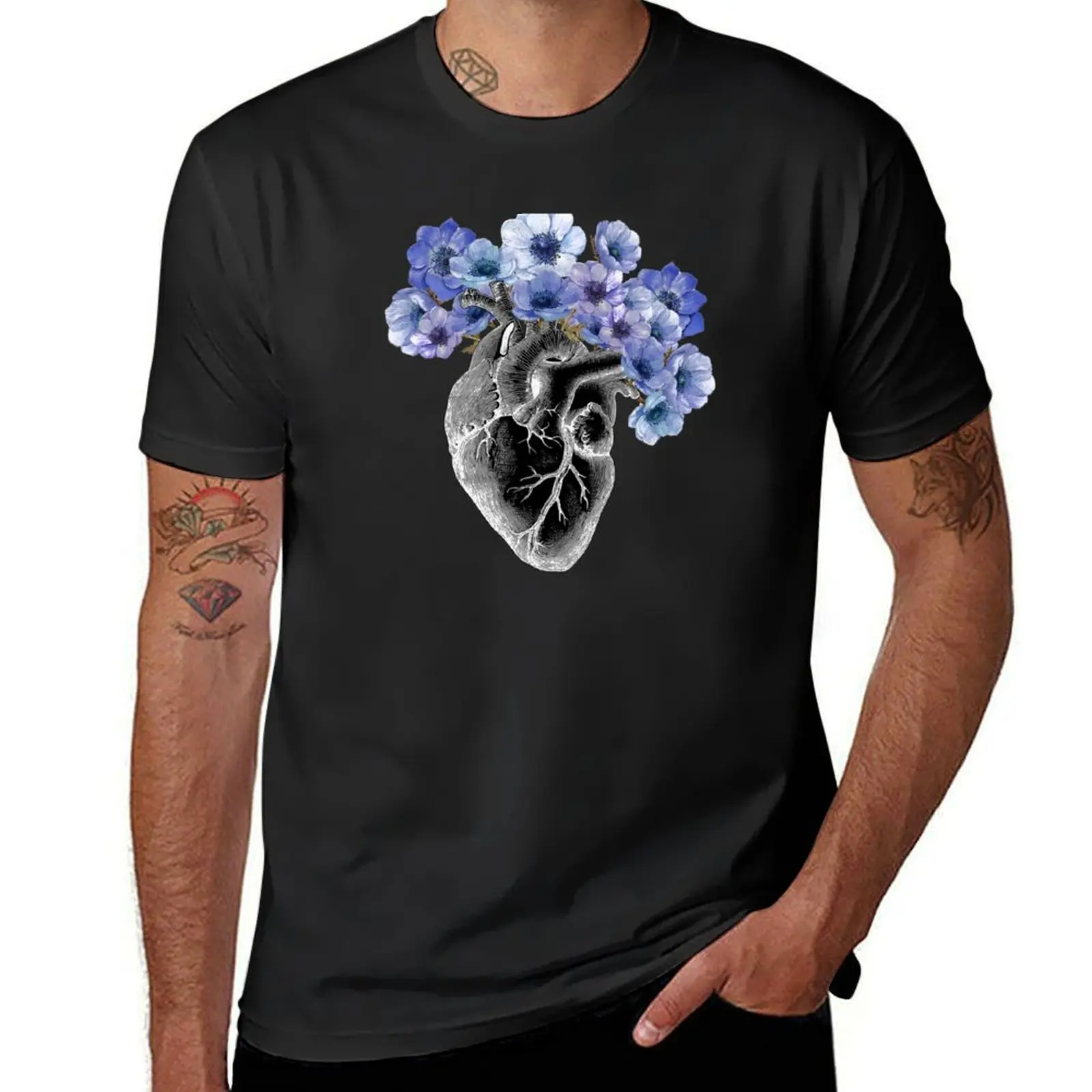 

human heart with blue anemones flowers, black T-Shirt tees oversizeds plain men workout shirt