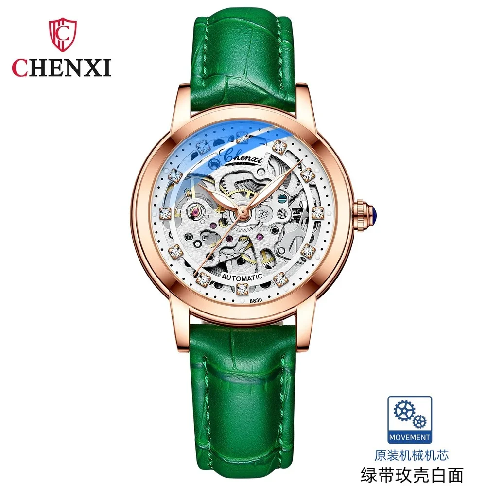 New Fashion Womens Mechanical Watch Waterproof Leather Strap Luminous Skeleton Automatic Self Wind Mechanical Watches for Women