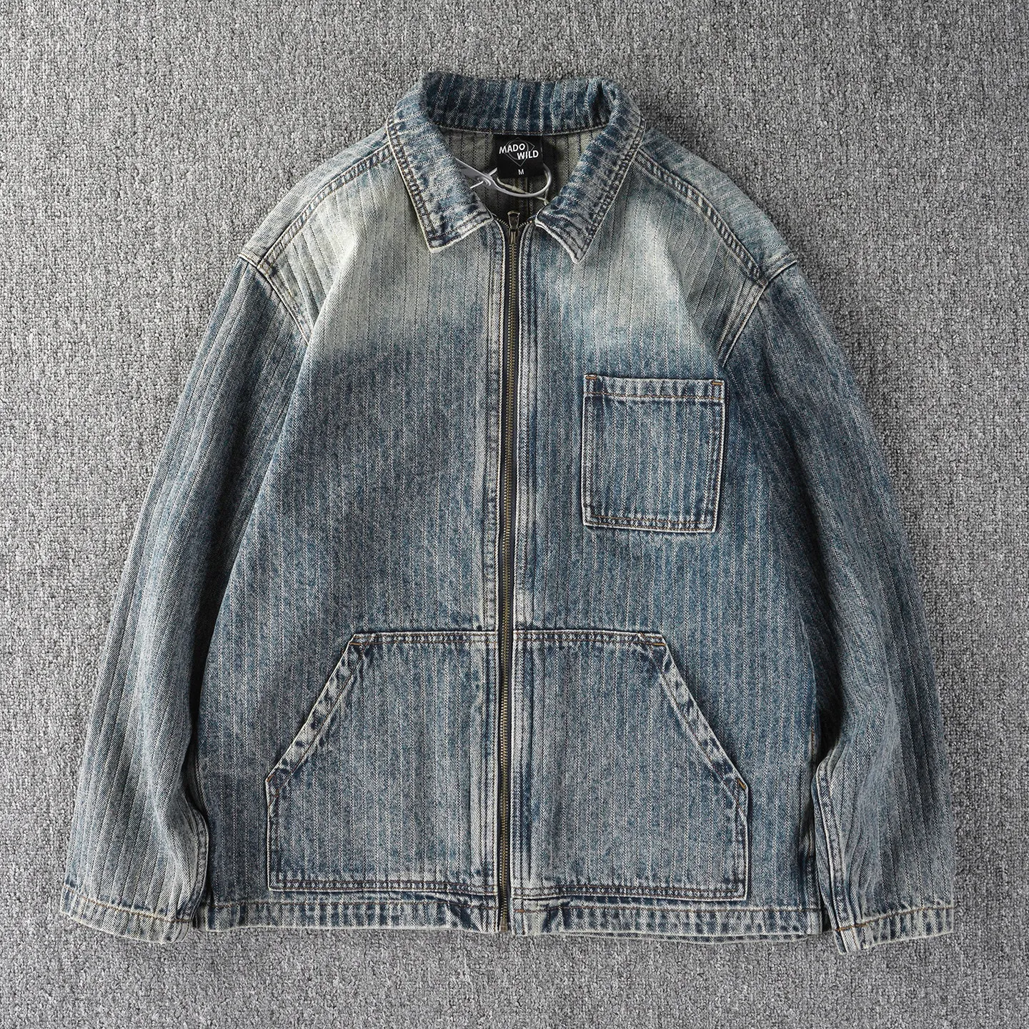 Vertical Striped American Retro Gradient Washed Distressed Workwear Denim Jacket Men's Autumn Casual Jacket Top