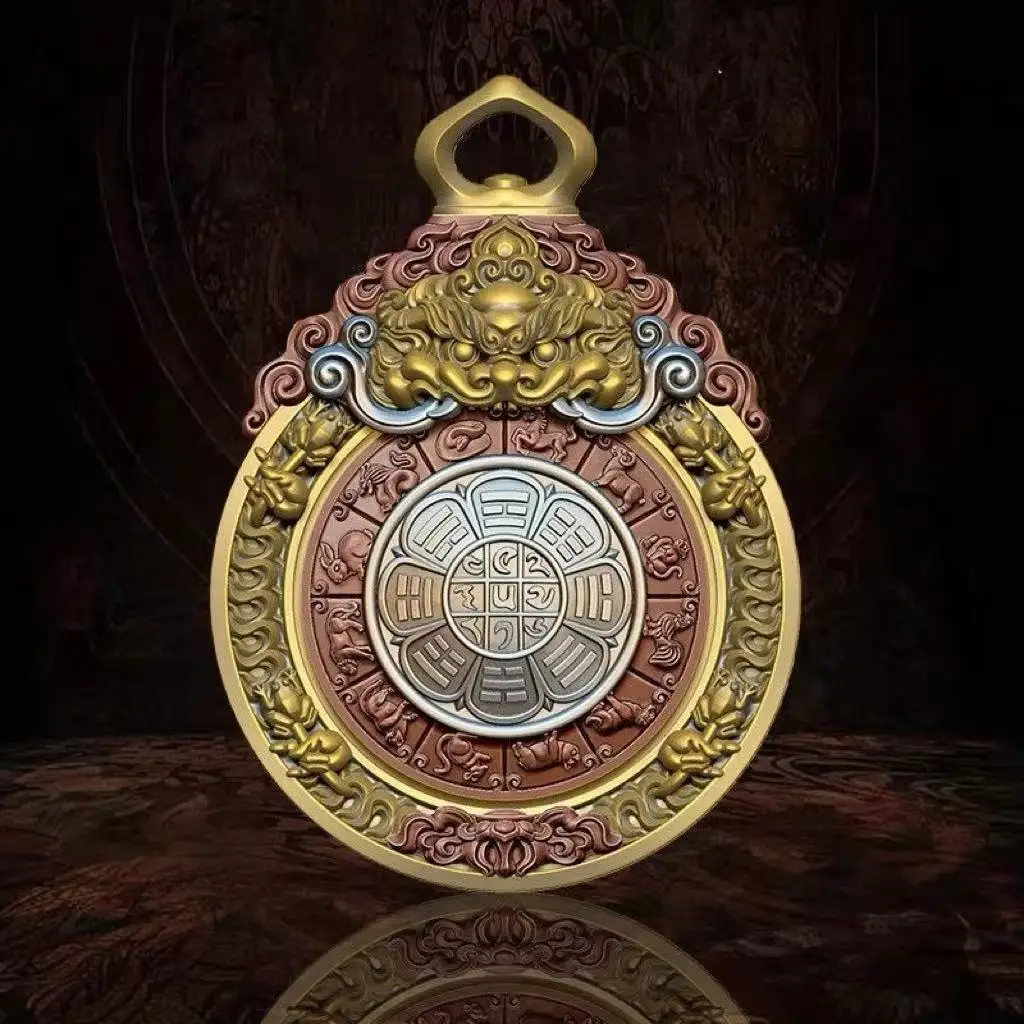Traditional Chinese Tibetan Style Brass Nine Palaces Eight Trigrams Pendant Lucky Blessing Wealth Attracting Amulet Necklace For