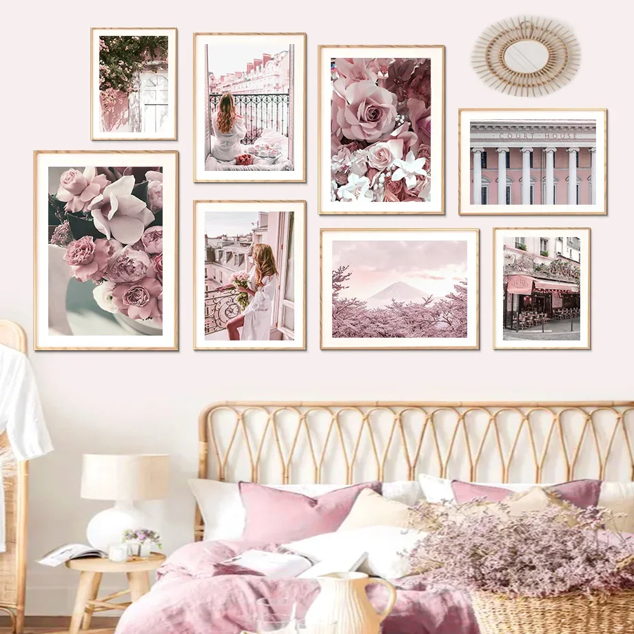 Paris Girl Street Rose Cherry Blossoms Flowers Art Canvas Painting Nordic Posters And Prints Wall Pictures For Living Room Decor