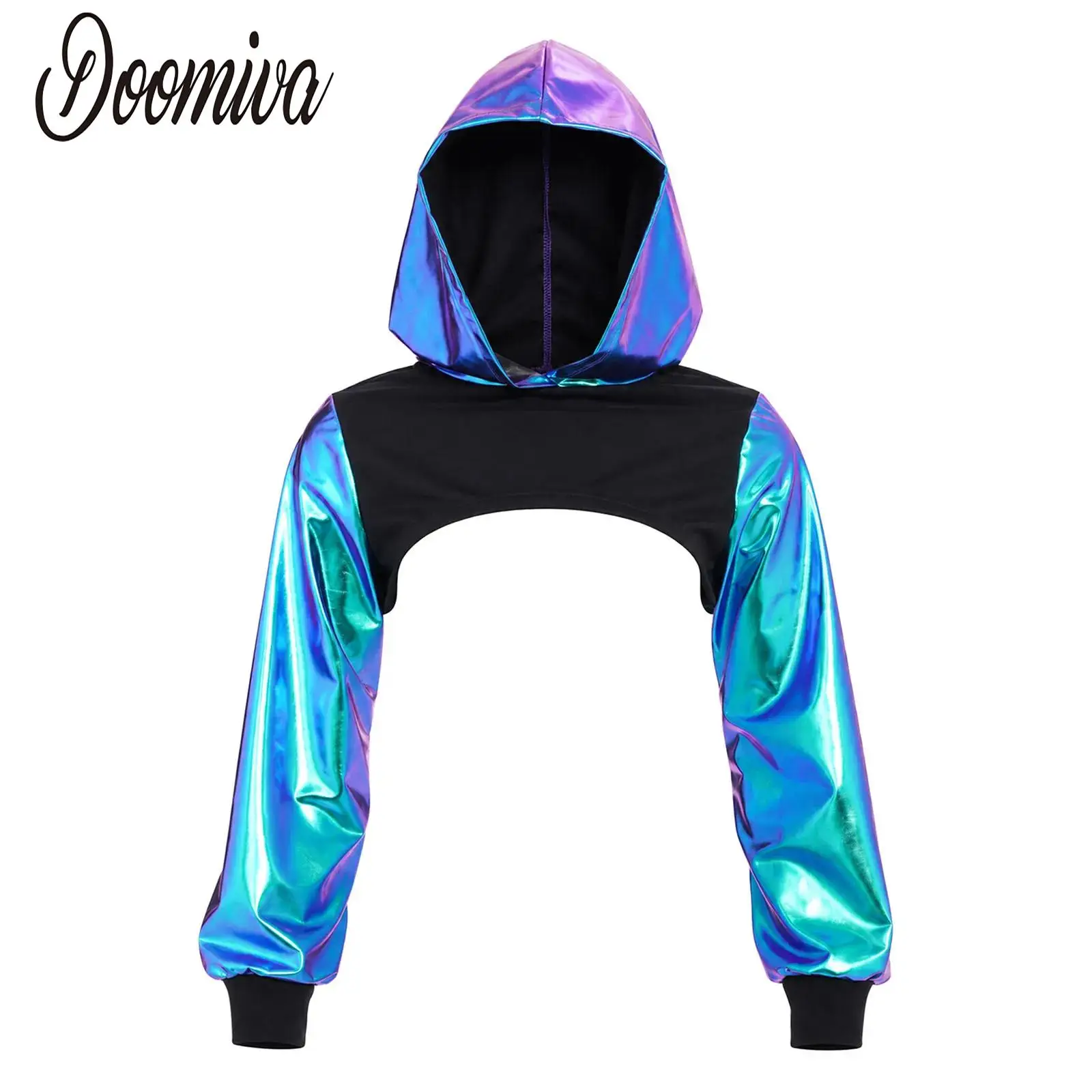 Women Metallic Cropped Hoodie Shirts Long Sleeve Asymmetrical Hem Crop Top for Party Club Music Festivals Concert Performance