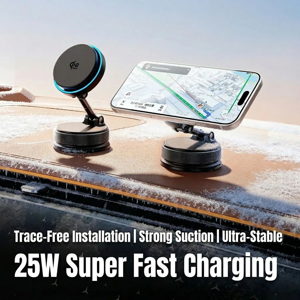 Carregador Sem Fio 25W Qi2.2 com Suporte para Telefone e Ventilador de Resfriamento 360 °   Suporte Magnético Rotativo de Carregamento Rápido para iPh