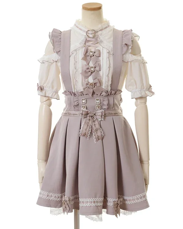 Japanese Liz Sweet Girls Rhienstone Bow Straps Skirt Mine Mass-Produced Detachable Ruffles Suspender Skirt Women Pleated Skirts