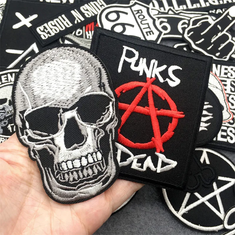 50pcs/lot Punk Patches on Clothes Embroidered DIY Iron on Patches for Clothing Jacket Jeans Stickers Black White Appliques