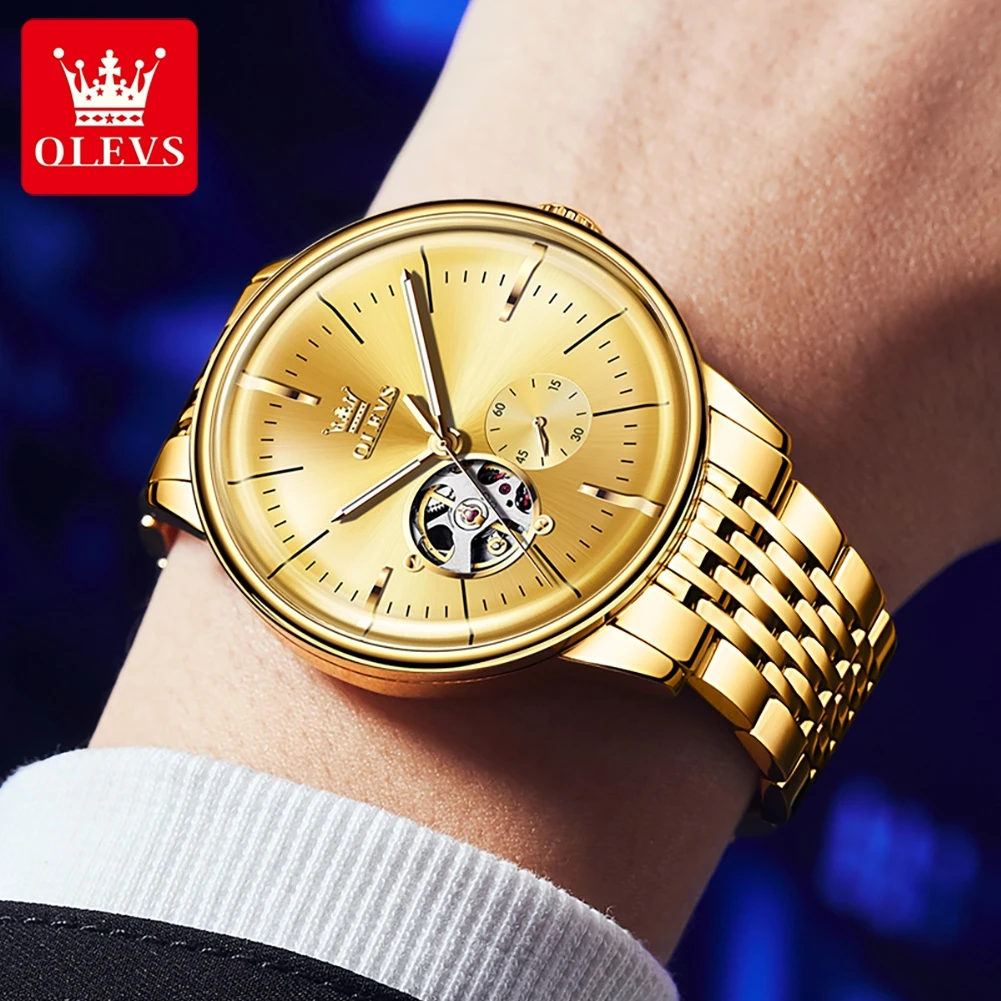 OLEVS 6708 Original Mechanical Wristwatch for Men Top Luxury Hollow Out Automatic Men\'s Watches Chronograph Waterproof Man Watch