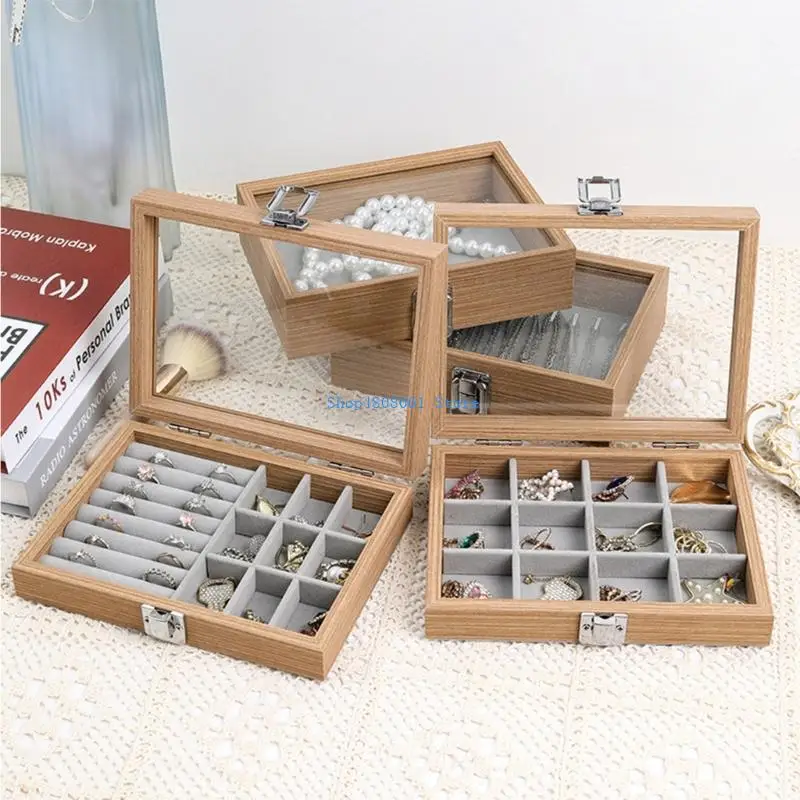 

T3LC Wooden Jewelry Container with Protective Lid Dustproof Storage Box for Accessory