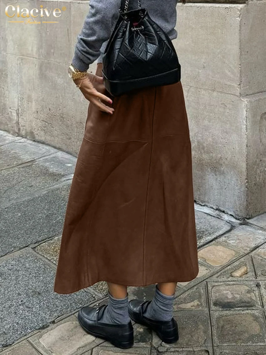 Clacive Fashion Loose Brown Pu Leather Women Skirt 2025 Casual High Waist Ankle Length Skirts Elegant Slit Skirt Female Clothing