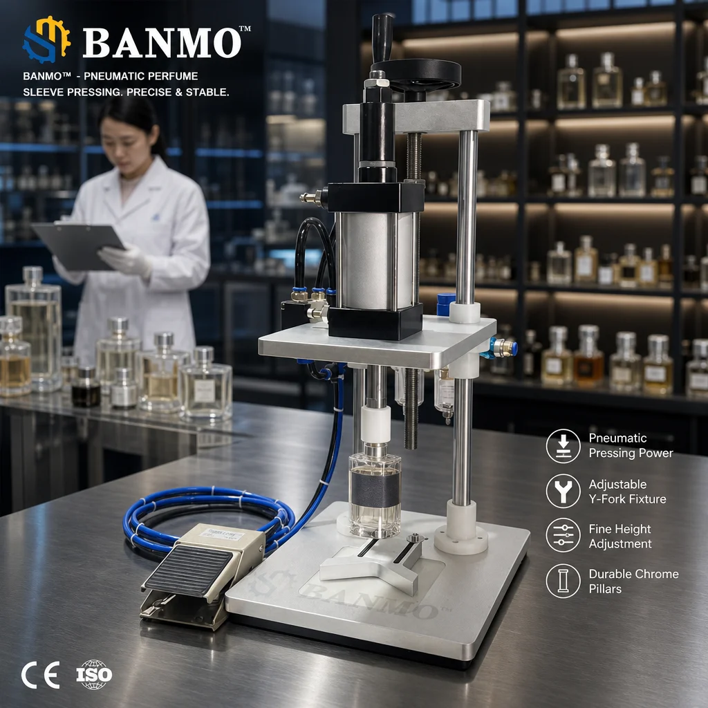 BANMO Pneumatic Perfume Middle Cap Pressing Machine Automatic Fragrance Bottle Collar Capping Equipment