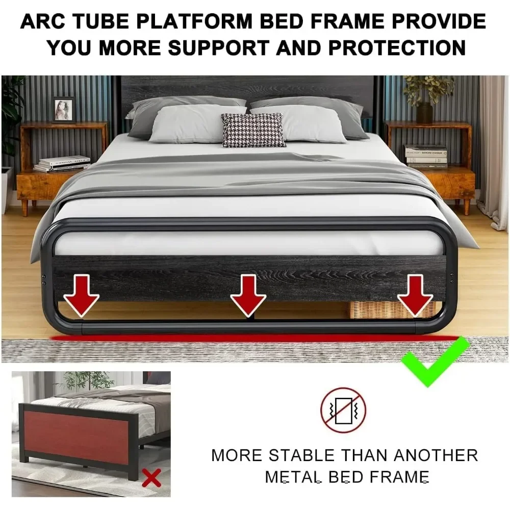 king size bed frame,Metal king bed frame, With LED headboard and footboard, With under bed storage space, No box spring required