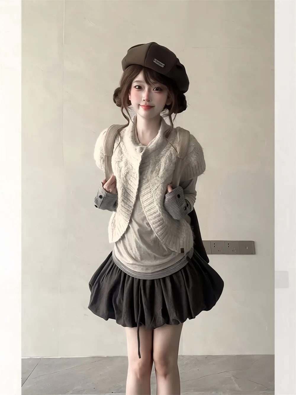 Sweet Early Taste Girl Feel Open Cardigan Vest Padded Short Skirt Three Piece Set Autumn Fashion Women's Clothing