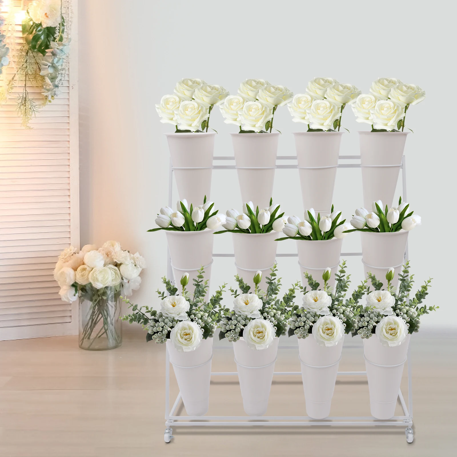 3 Layers Metal Plant Stand with Wheels,Modern Plant Shelf with Flower Bucket,Indoor Outdoor Flower Display Stand Flower Rack