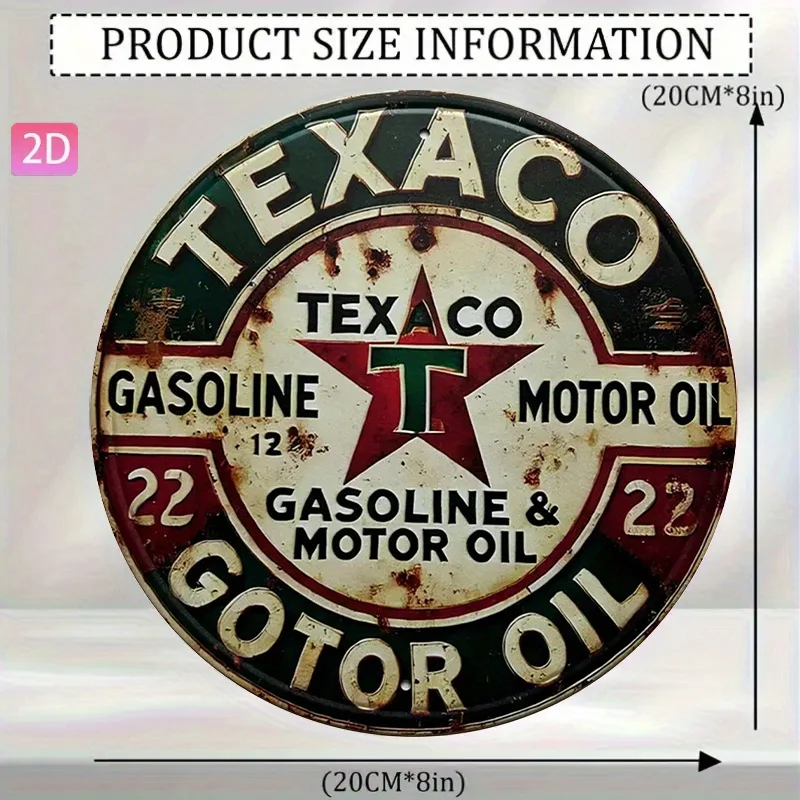2D Flat - Vintage Texaco Motor Oil Metal Sign in 2D Flat Design - 20.32X30.48 Cm Round Aluminum Wall Art with a Classic Red And