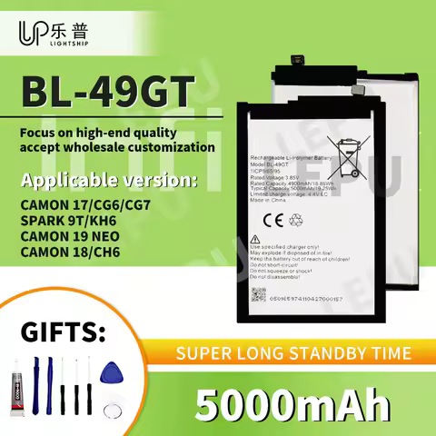 CAMON 17 18 19 NEO Battery INFINIX CG6 CG7 KH6 CH6 Phone Battery + Tool Kits 5000mAh Original Battery BL-49GT for TECNO SPARK 9T